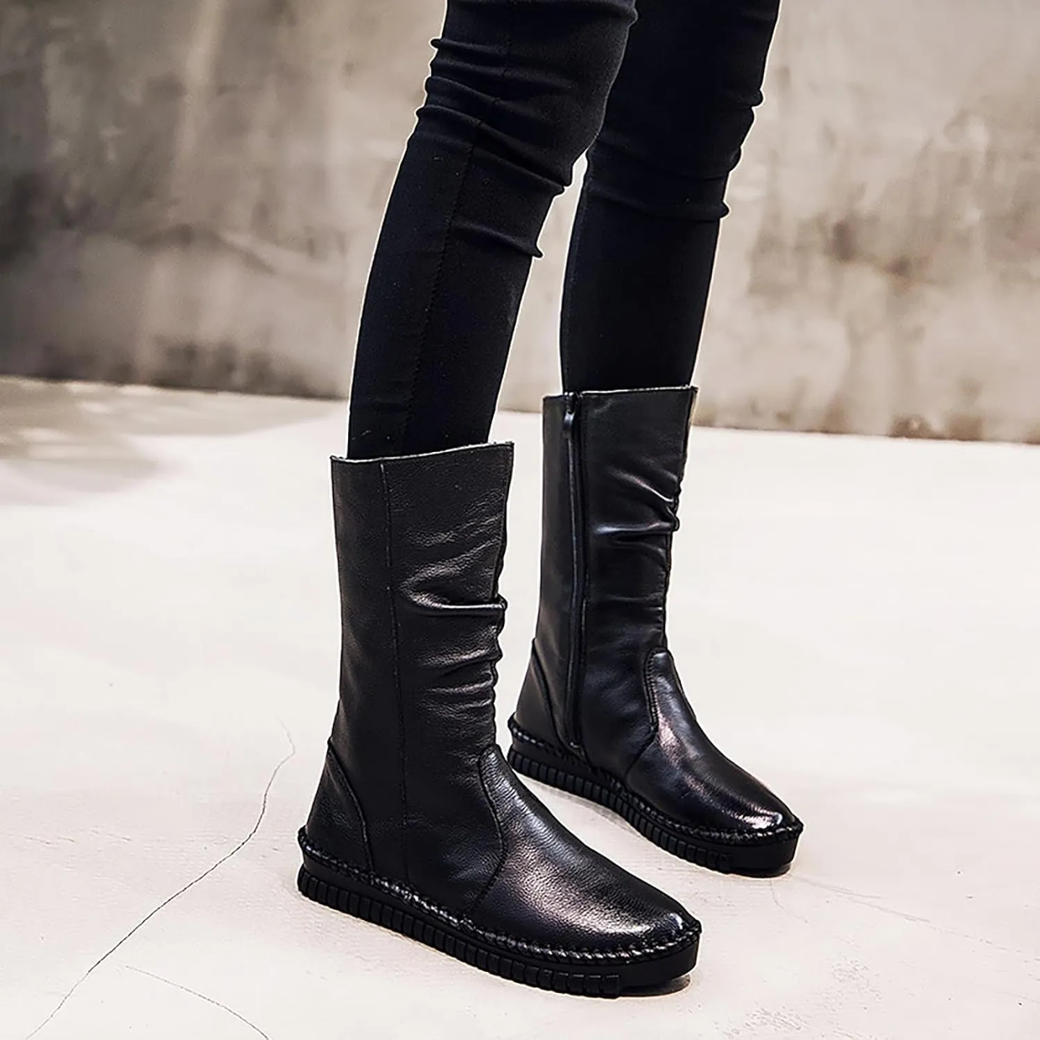 WENOREG Women's Hand Stitching Pleated Flat Mid Calf Boots,Fashion Leather Stitching Side Zipper Comfort Outdoor Anti-slip Work Walking Winter Boots Keep Warm Plush Lining Platform Boots