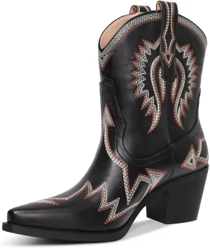Western Boots for Women Metallic Embroidered Pointed Toe Cowgirl Boots Chunky Heel Pull-On Short Cowboy Boots Wide Calf Country Ankle Boots
