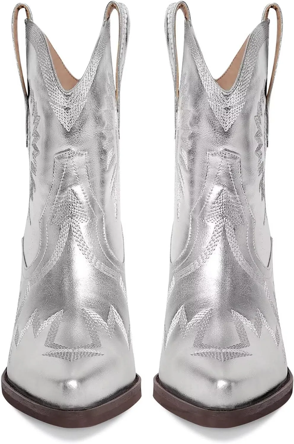 Western Boots for Women Metallic Embroidered Pointed Toe Cowgirl Boots Chunky Heel Pull-On Short Cowboy Boots Wide Calf Country Ankle Boots