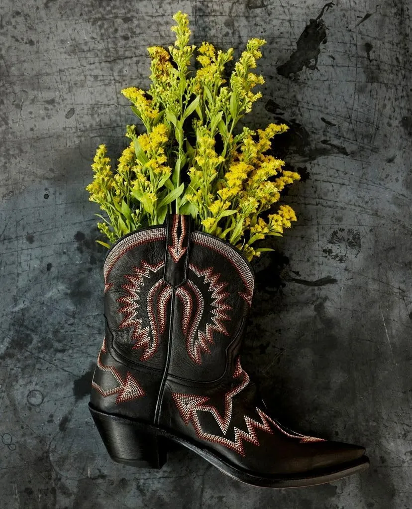 Western Boots for Women Metallic Embroidered Pointed Toe Cowgirl Boots Chunky Heel Pull-On Short Cowboy Boots Wide Calf Country Ankle Boots