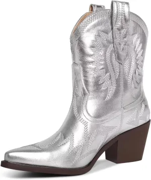 Western Boots for Women Metallic Embroidered Pointed Toe Cowgirl Boots Chunky Heel Pull-On Short Cowboy Boots Wide Calf Country Ankle Boots