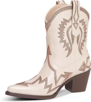 Western Boots for Women Metallic Embroidered Pointed Toe Cowgirl Boots Chunky Heel Pull-On Short Cowboy Boots Wide Calf Country Ankle Boots