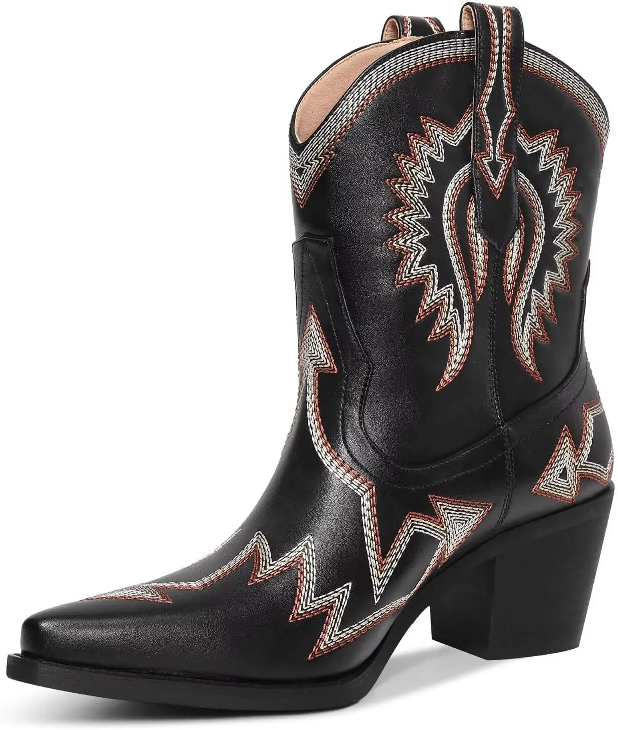 Western Boots for Women Metallic Embroidered Pointed Toe Cowgirl Boots Chunky Heel Pull-On Short Cowboy Boots Wide Calf Country Ankle Boots