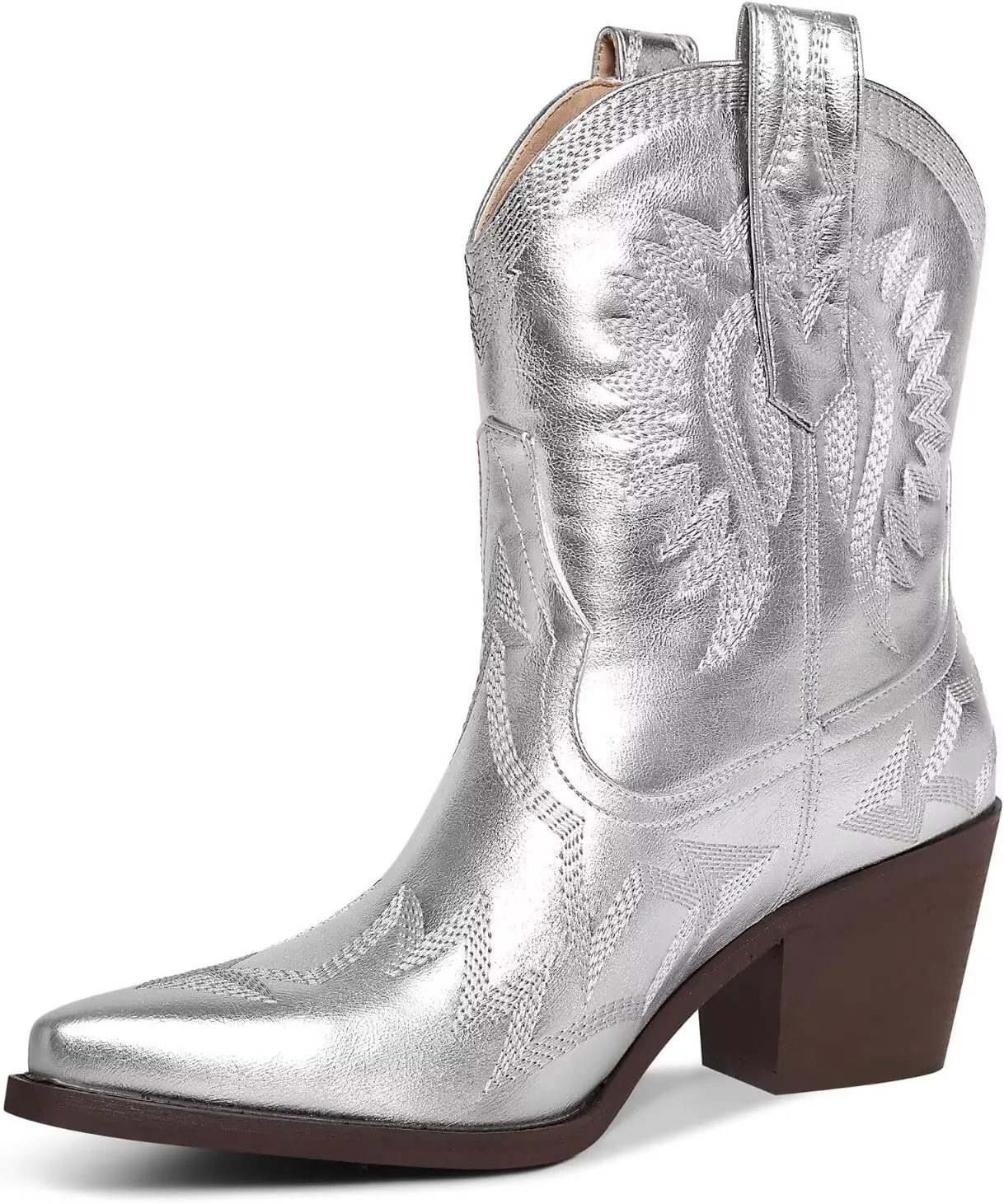 Western Boots for Women Metallic Embroidered Pointed Toe Cowgirl Boots Chunky Heel Pull-On Short Cowboy Boots Wide Calf Country Ankle Boots