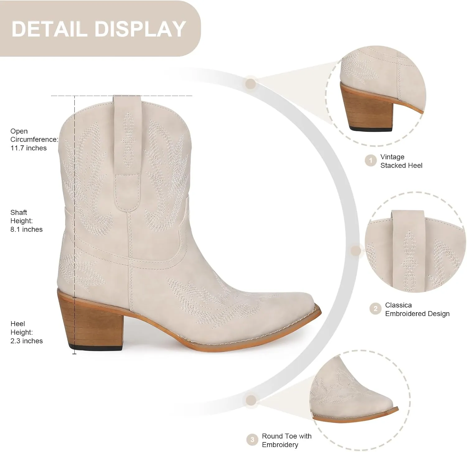 Western Cowgirl Ankle Boot for Women with Embroidered Comfort Fashion Short Boots Pointed Toe Cowgirl Short Booties Side Zipper