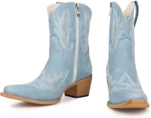 Western Cowgirl Ankle Boot for Women with Embroidered Comfort Fashion Short Boots Pointed Toe Cowgirl Short Booties Side Zipper