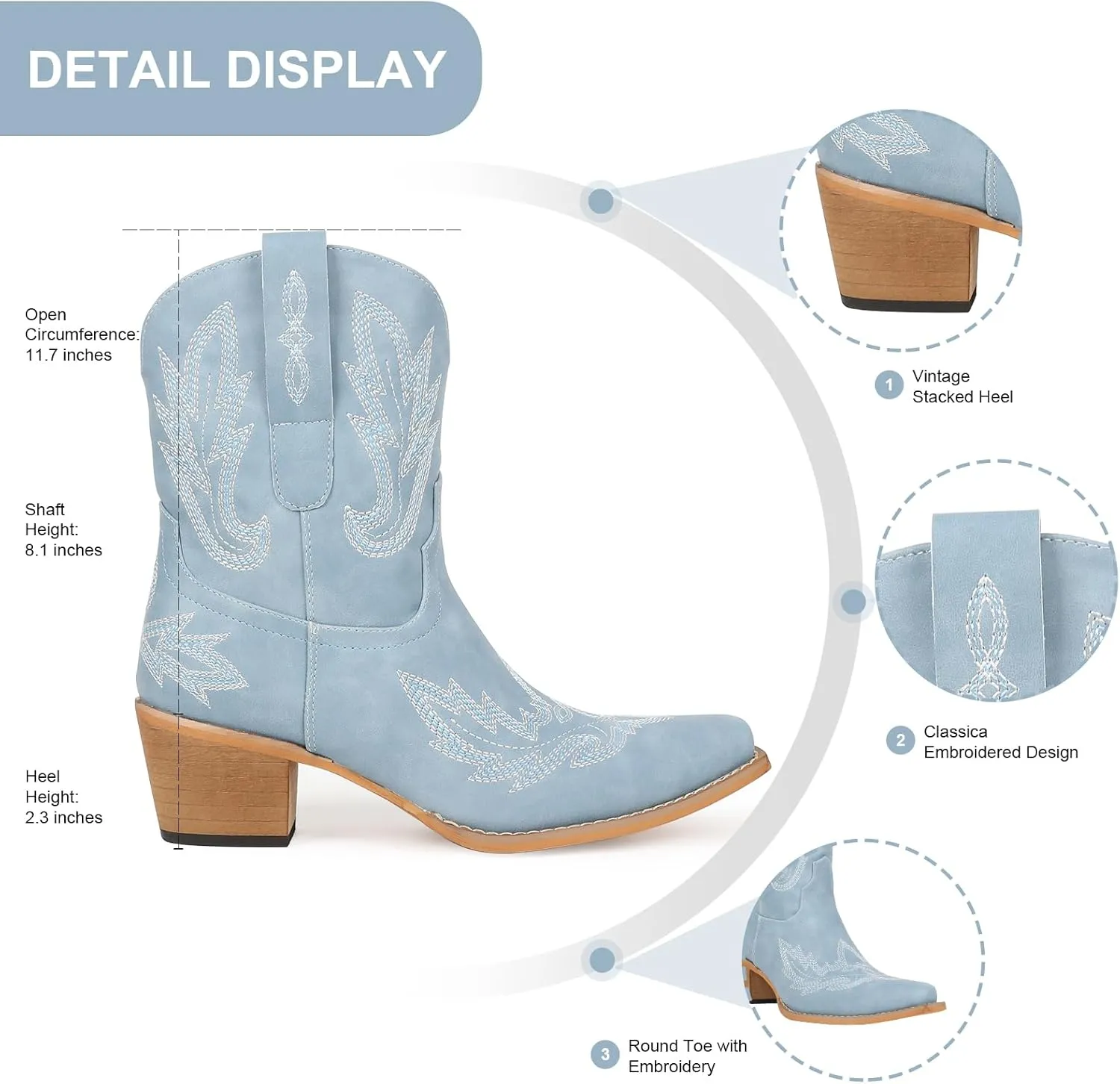 Western Cowgirl Ankle Boot for Women with Embroidered Comfort Fashion Short Boots Pointed Toe Cowgirl Short Booties Side Zipper