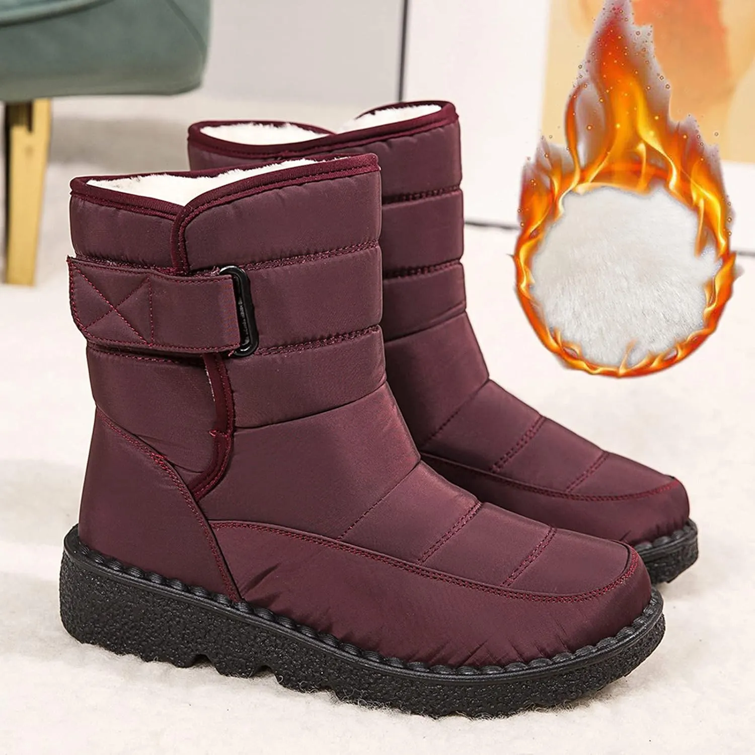 Winter Snow Boots for Women Water-proof Thermal Fleece Lined Anti Slip Mid Calf Boots for Ladies Platform Wedge Booties Warm Fuzzy Ankle Booties Outdoor Work Short Boots with Buckle