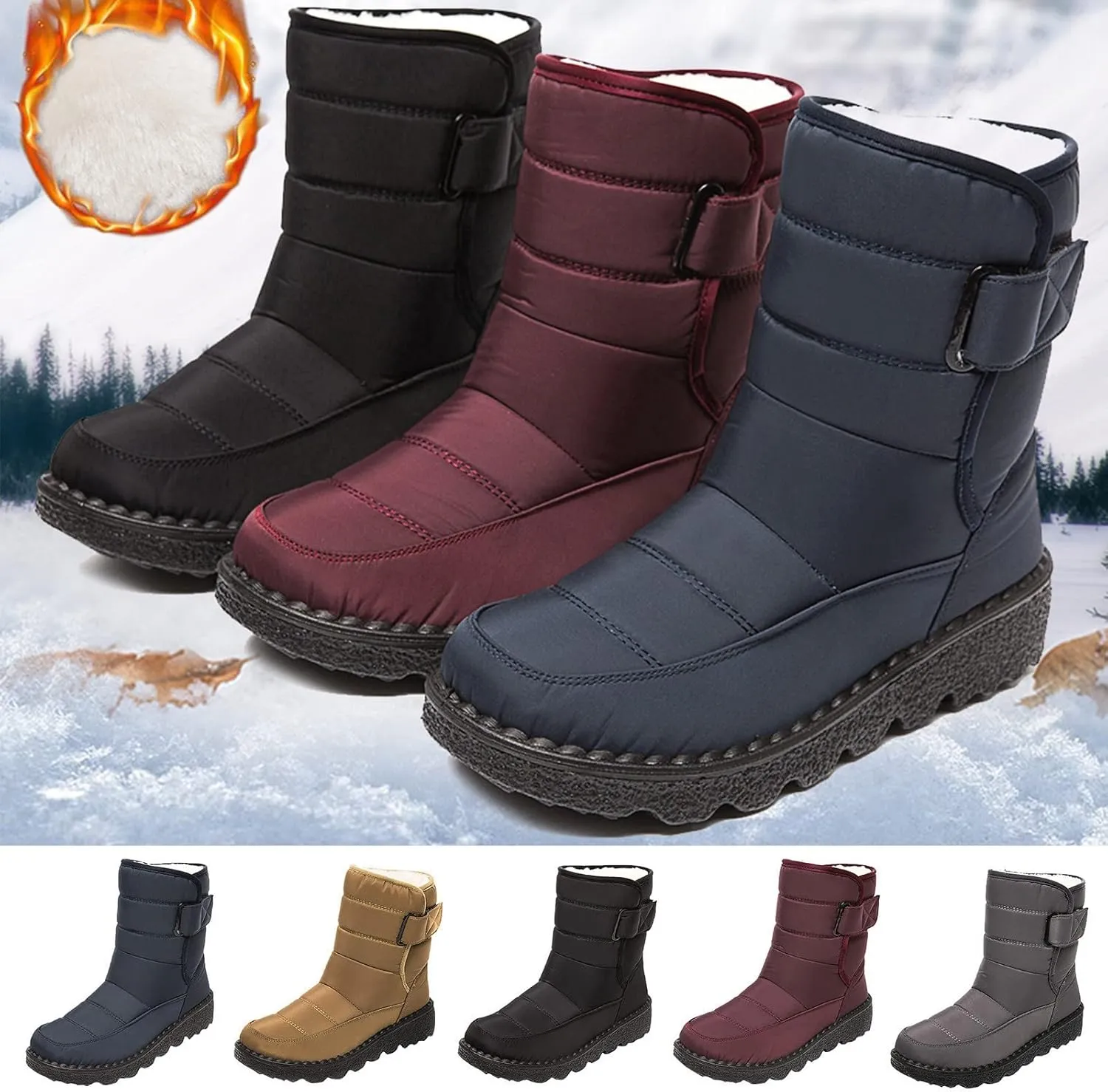 Winter Snow Boots for Women Water-proof Thermal Fleece Lined Anti Slip Mid Calf Boots for Ladies Platform Wedge Booties Warm Fuzzy Ankle Booties Outdoor Work Short Boots with Buckle