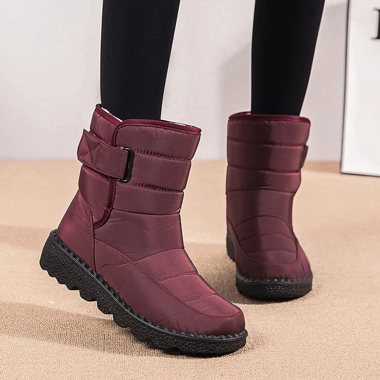 Winter Snow Boots for Women Water-proof Thermal Fleece Lined Anti Slip Mid Calf Boots for Ladies Platform Wedge Booties Warm Fuzzy Ankle Booties Outdoor Work Short Boots with Buckle