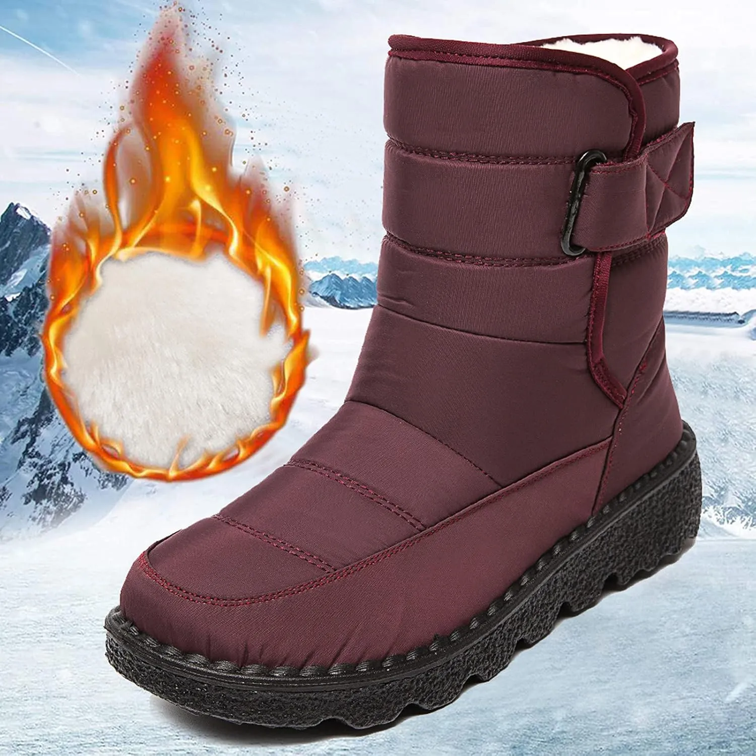 Winter Snow Boots for Women Water-proof Thermal Fleece Lined Anti Slip Mid Calf Boots for Ladies Platform Wedge Booties Warm Fuzzy Ankle Booties Outdoor Work Short Boots with Buckle