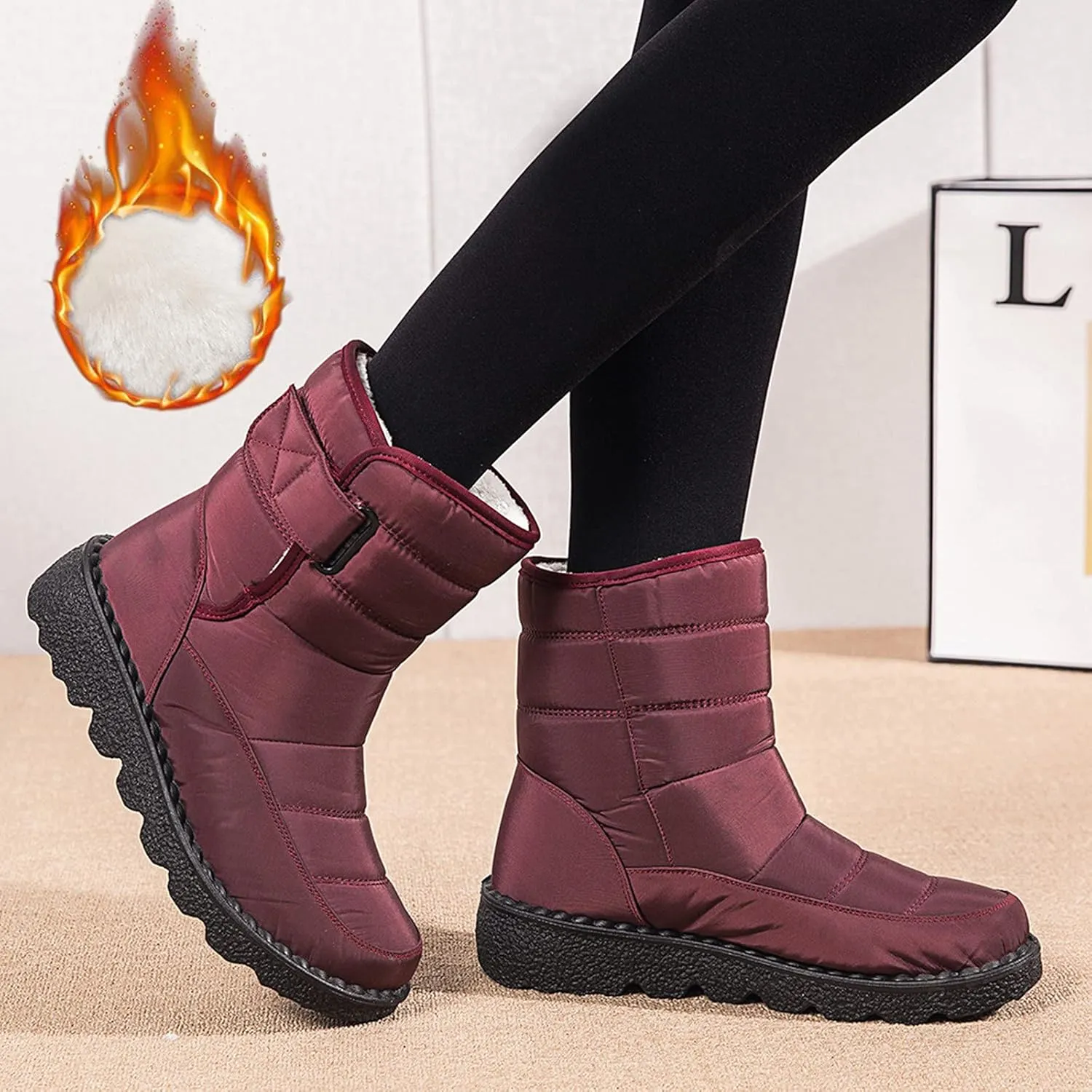 Winter Snow Boots for Women Water-proof Thermal Fleece Lined Anti Slip Mid Calf Boots for Ladies Platform Wedge Booties Warm Fuzzy Ankle Booties Outdoor Work Short Boots with Buckle