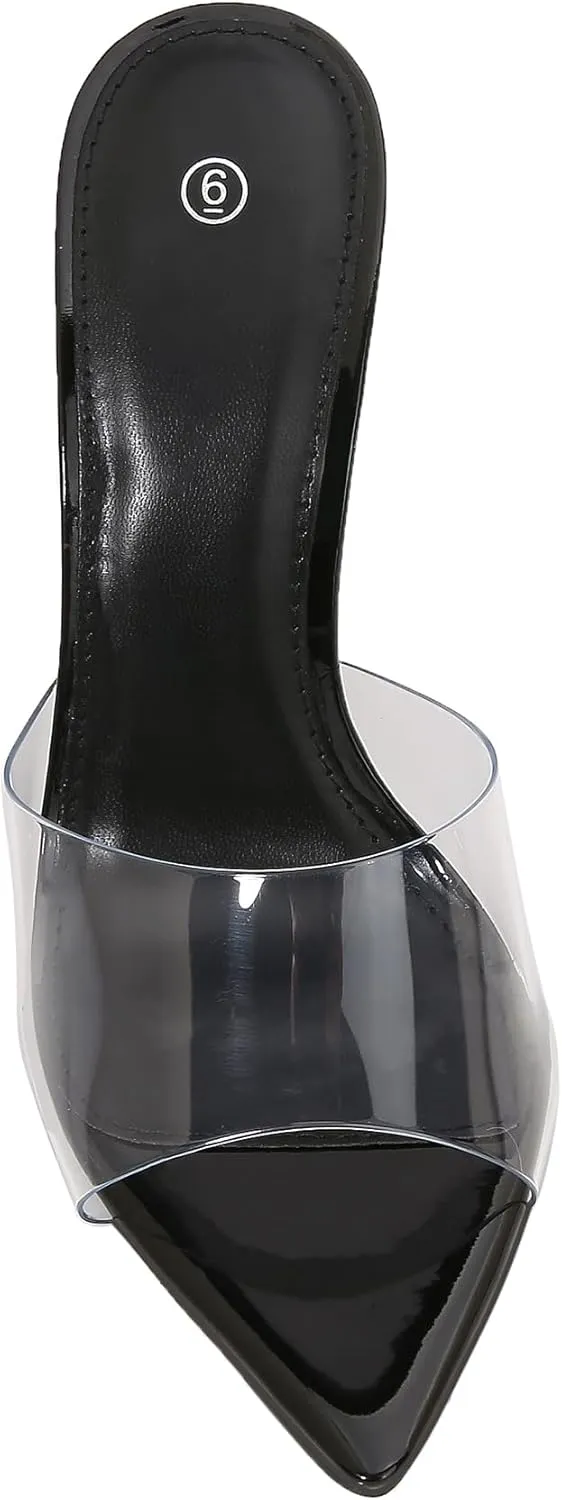 Women Clear Pointed Toe Sandals Stiletto Heels Transparent Strap High Heels Slip on Mules for Women