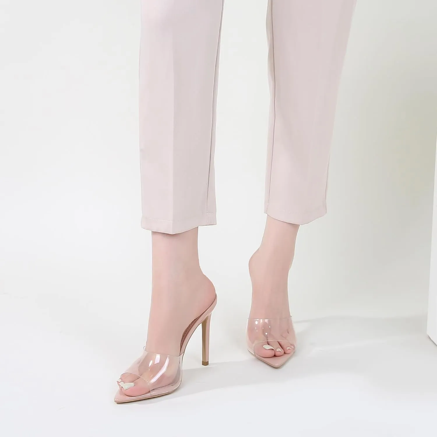 Women Clear Pointed Toe Sandals Stiletto Heels Transparent Strap High Heels Slip on Mules for Women