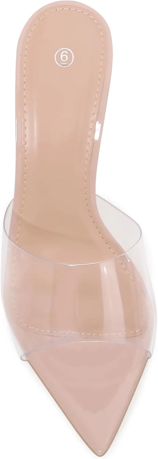 Women Clear Pointed Toe Sandals Stiletto Heels Transparent Strap High Heels Slip on Mules for Women