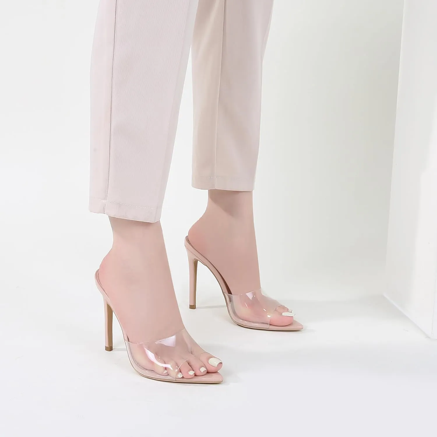 Women Clear Pointed Toe Sandals Stiletto Heels Transparent Strap High Heels Slip on Mules for Women