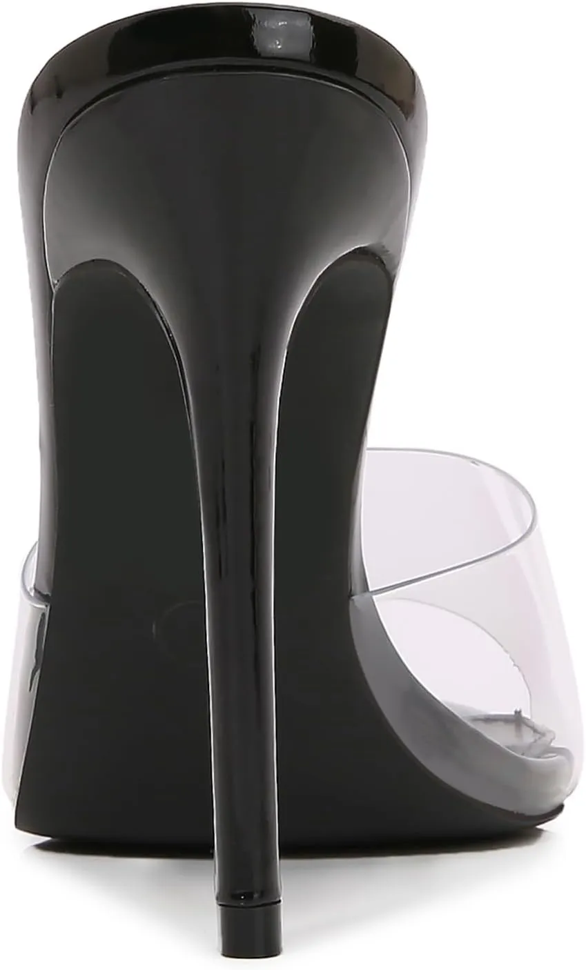 Women Clear Pointed Toe Sandals Stiletto Heels Transparent Strap High Heels Slip on Mules for Women