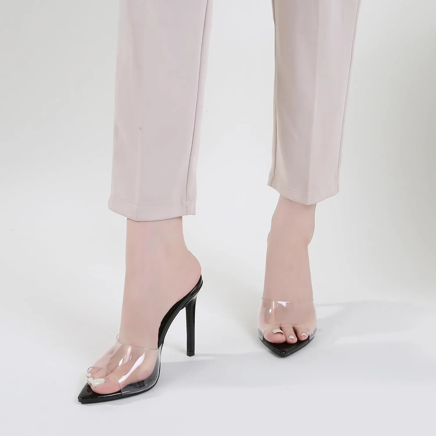 Women Clear Pointed Toe Sandals Stiletto Heels Transparent Strap High Heels Slip on Mules for Women
