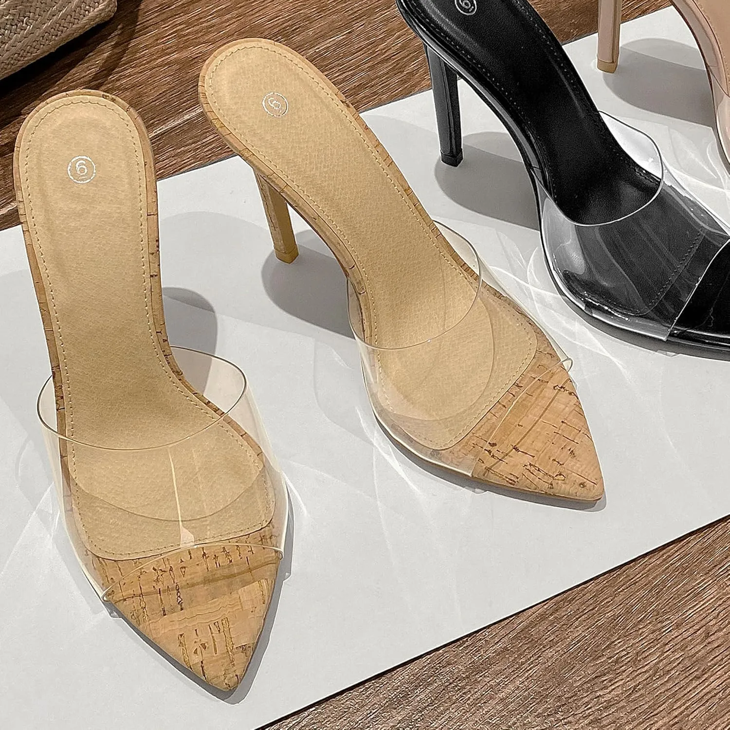 Women Clear Pointed Toe Sandals Stiletto Heels Transparent Strap High Heels Slip on Mules for Women