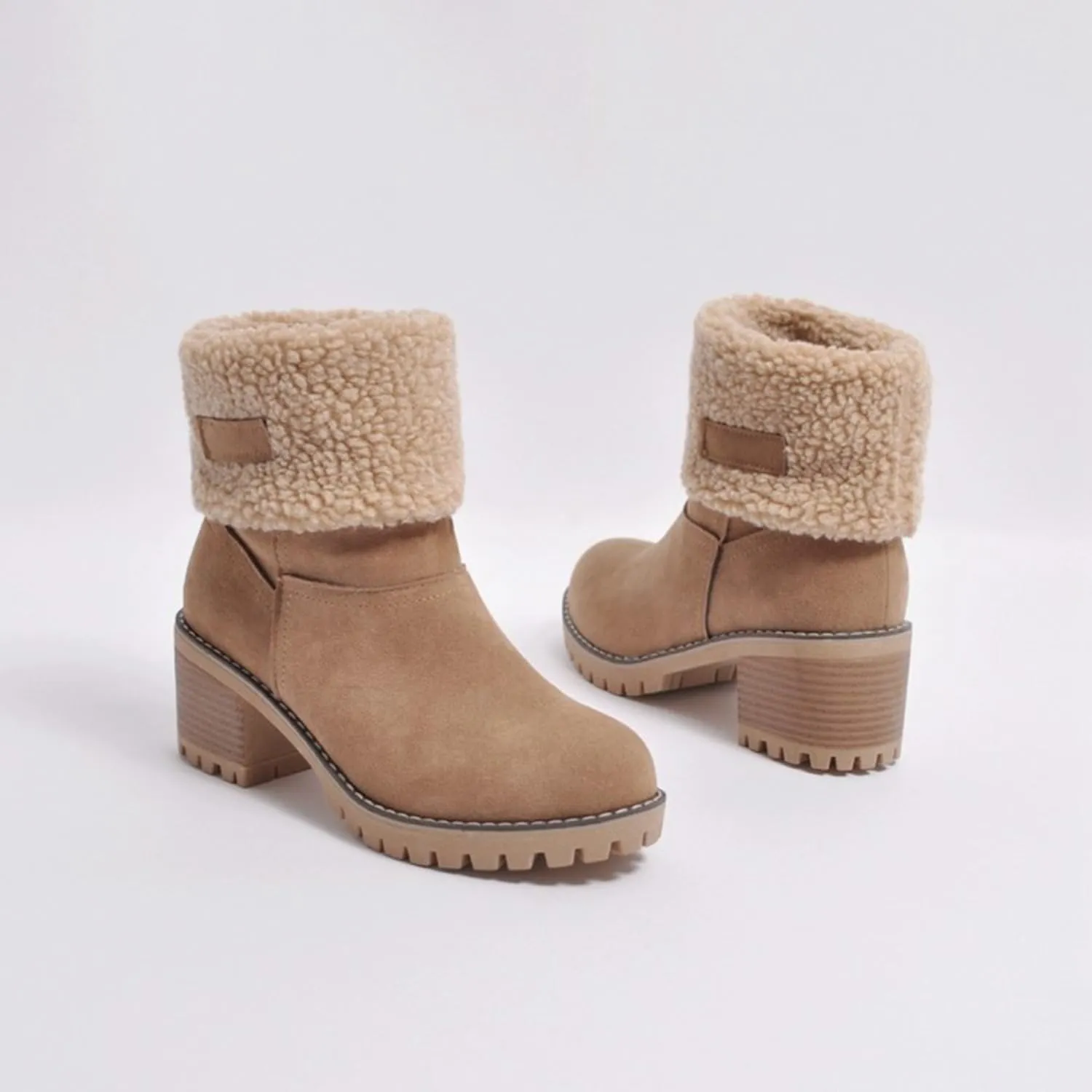 Women Cute Warm Short Boots Women's Winter Snow Fleece Suede Chunky Mid Heel Round Toe Ankle Booties