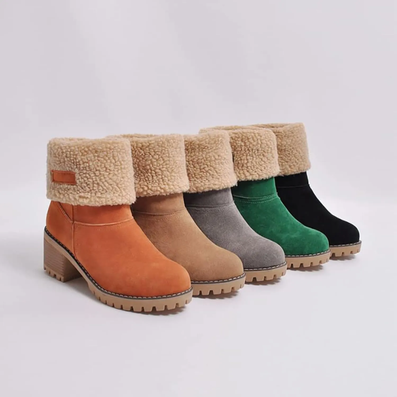 Women Cute Warm Short Boots Women's Winter Snow Fleece Suede Chunky Mid Heel Round Toe Ankle Booties