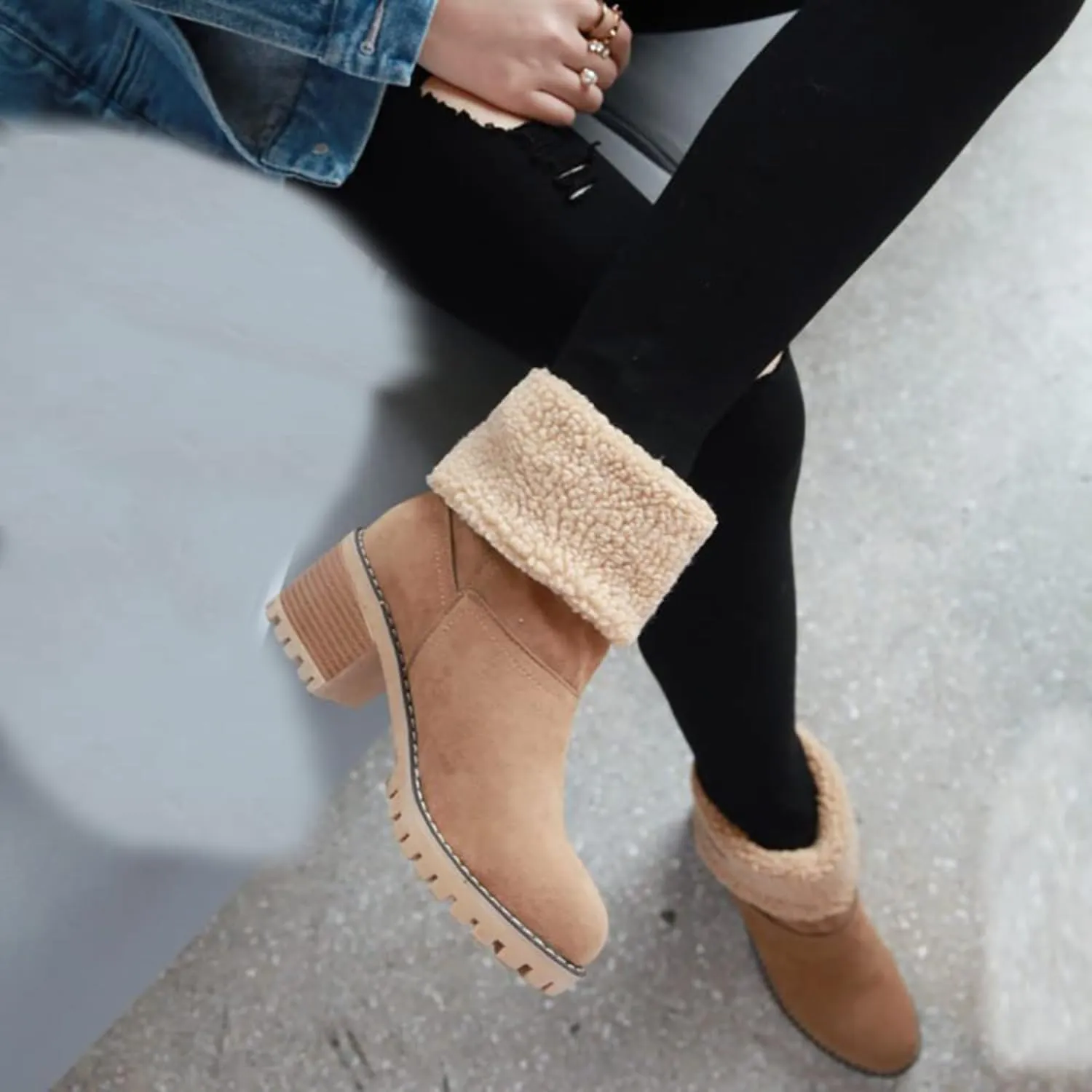 Women Cute Warm Short Boots Women's Winter Snow Fleece Suede Chunky Mid Heel Round Toe Ankle Booties