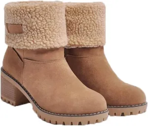 Women Cute Warm Short Boots Women's Winter Snow Fleece Suede Chunky Mid Heel Round Toe Ankle Booties