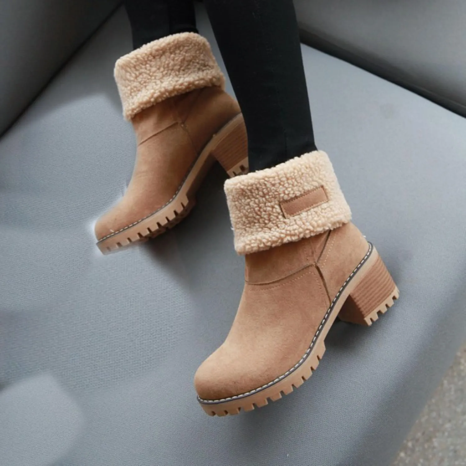 Women Cute Warm Short Boots Women's Winter Snow Fleece Suede Chunky Mid Heel Round Toe Ankle Booties