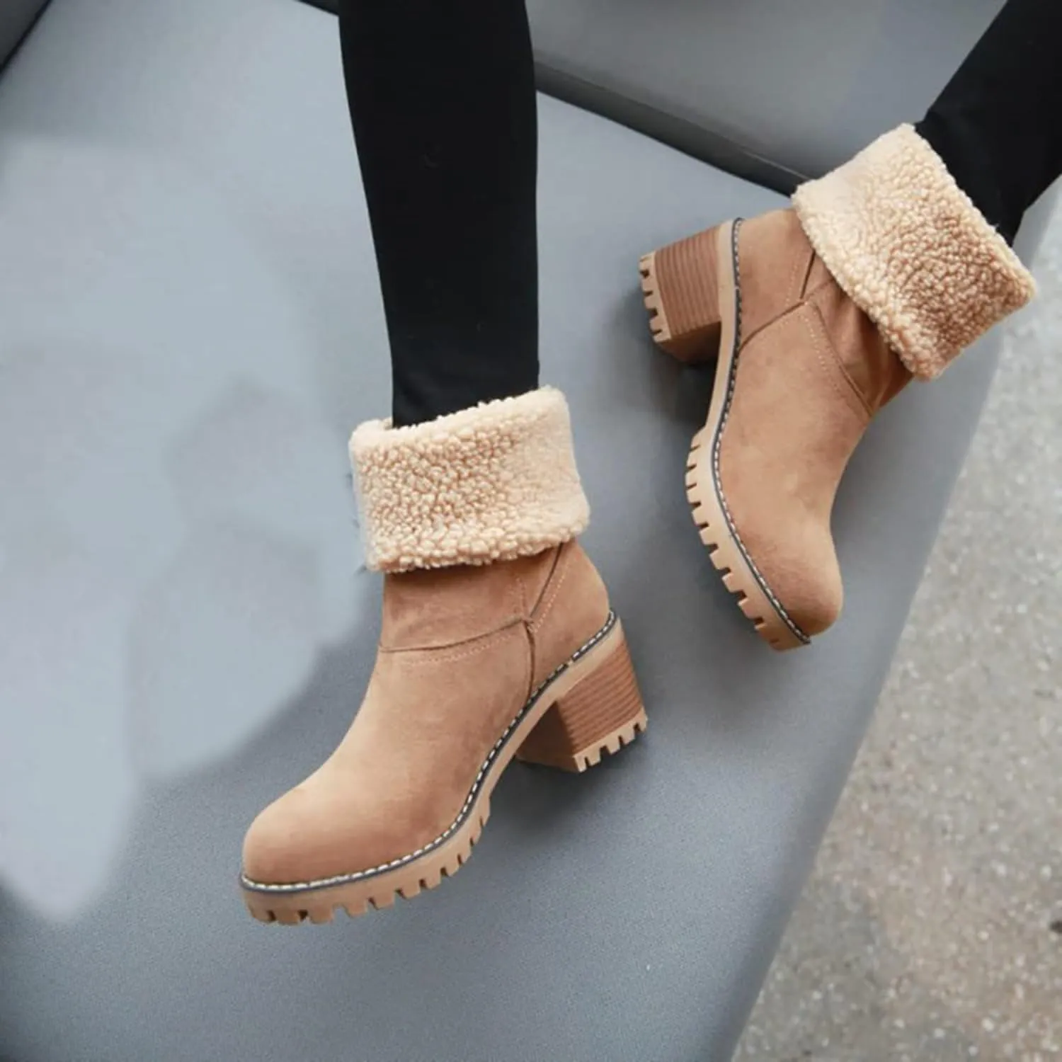 Women Cute Warm Short Boots Women's Winter Snow Fleece Suede Chunky Mid Heel Round Toe Ankle Booties