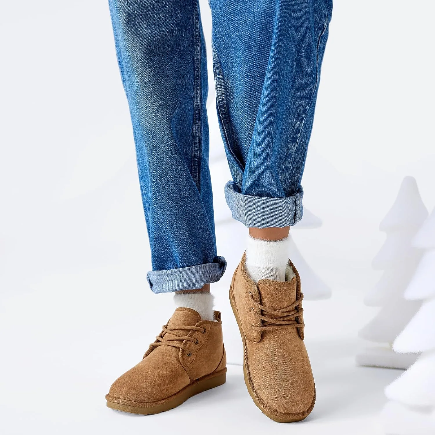 Women Fur Lined Ankle Boots Genuine Suede Faux Cozy Winter Lace Up Warm Short Booties