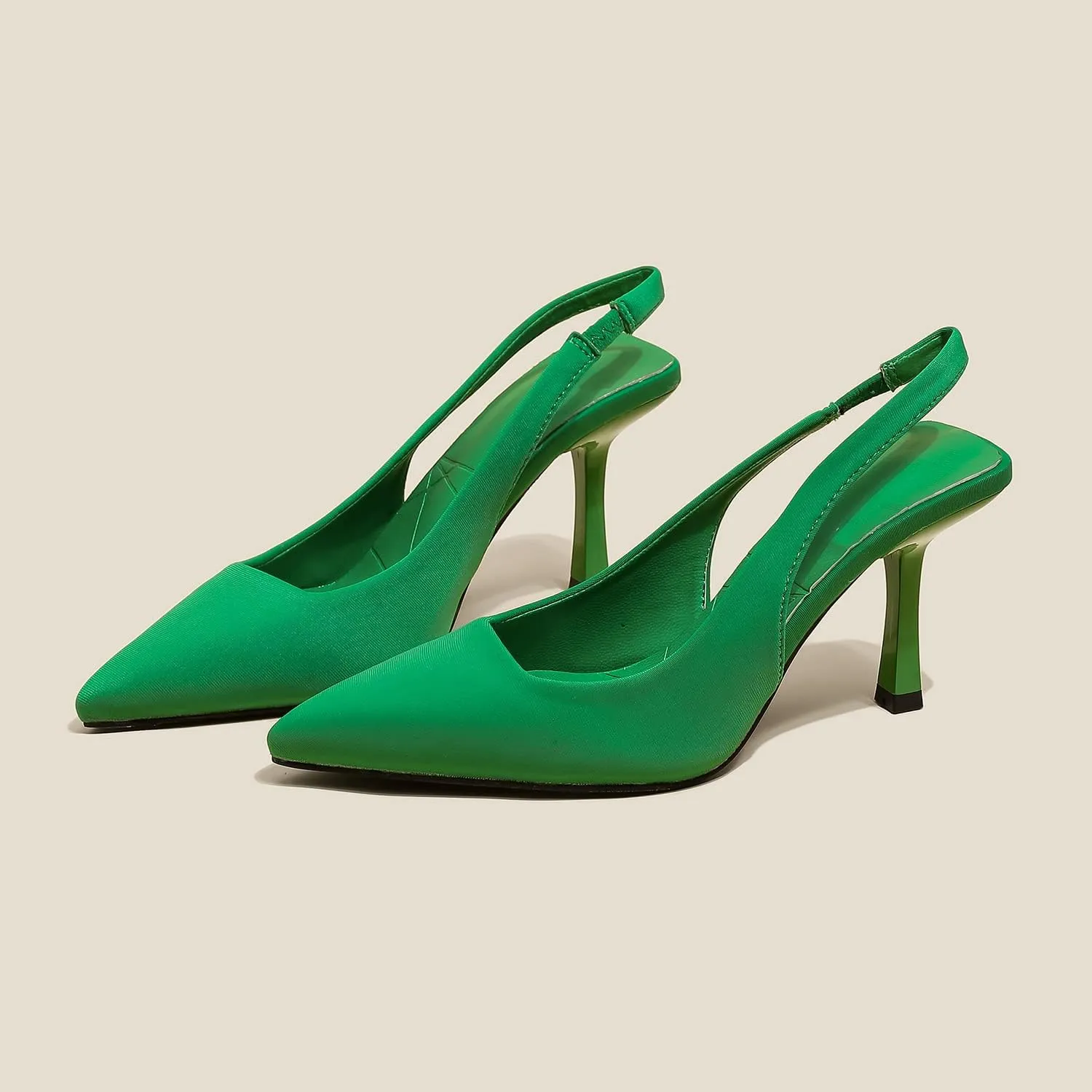 Women High-Heel Fabric Slingback Pumps Kitten Heel Pointed Toe Slip-On Back Strap Sandals Mules Court Shoes