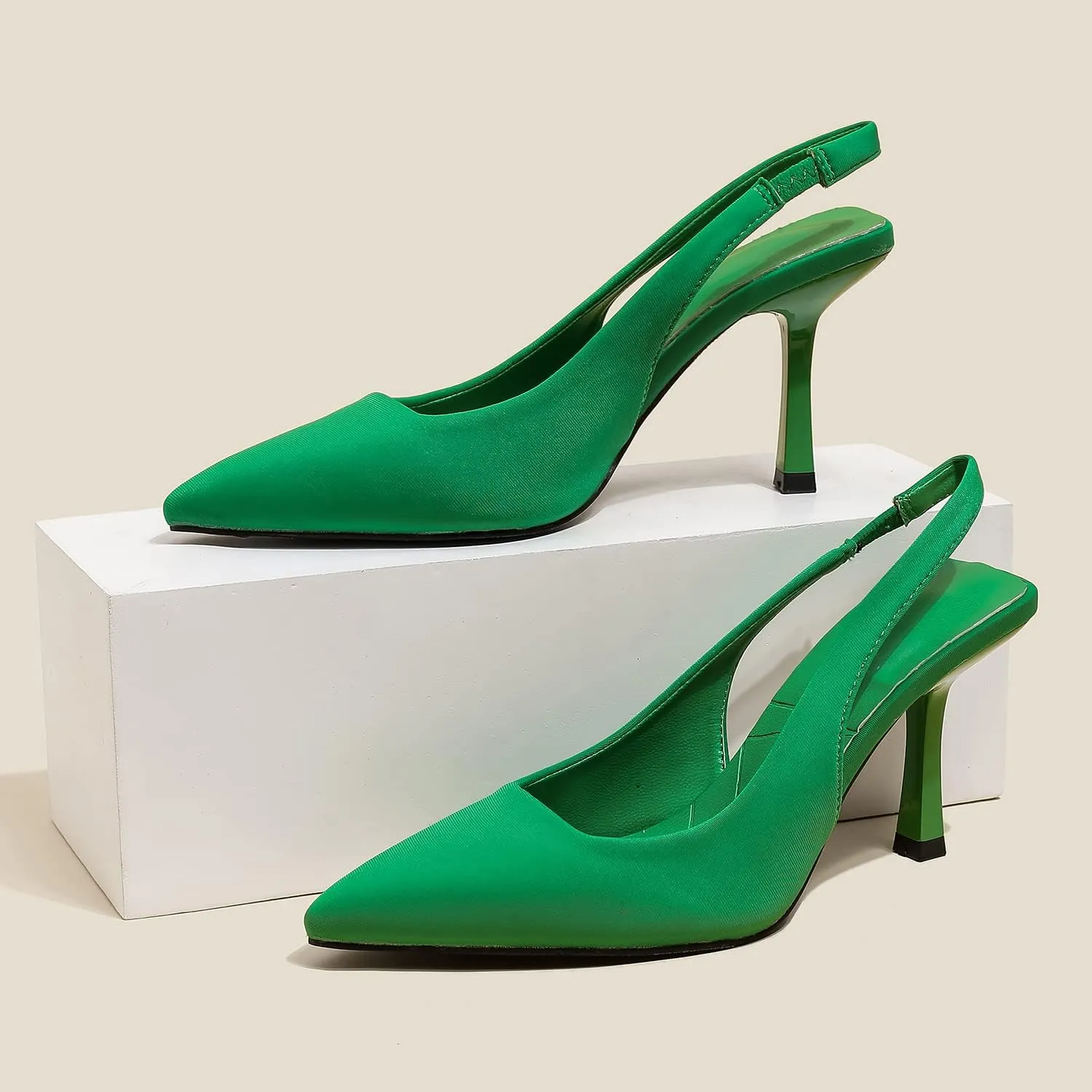Women High-Heel Fabric Slingback Pumps Kitten Heel Pointed Toe Slip-On Back Strap Sandals Mules Court Shoes