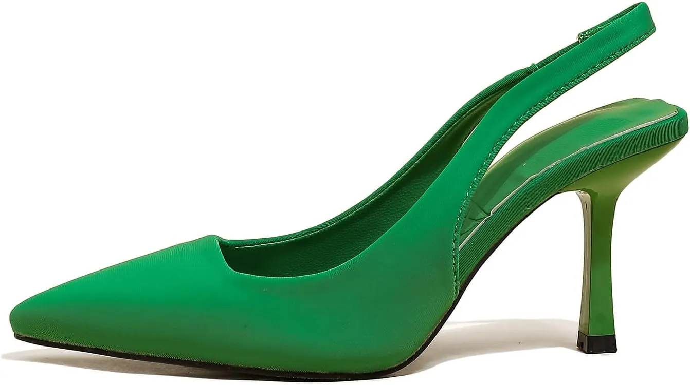 Women High-Heel Fabric Slingback Pumps Kitten Heel Pointed Toe Slip-On Back Strap Sandals Mules Court Shoes