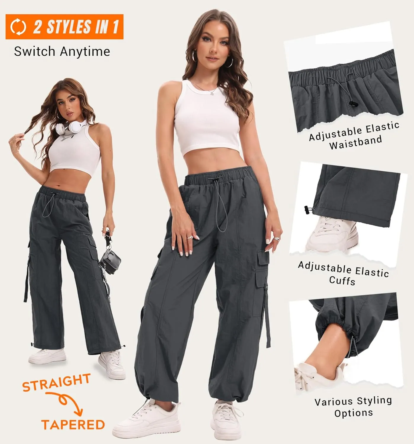 Women Quick-Dry Cargo Pants Y2K Wide Leg Baggy Pants Lightweight Hiking Pants Streetwear with Drawstring