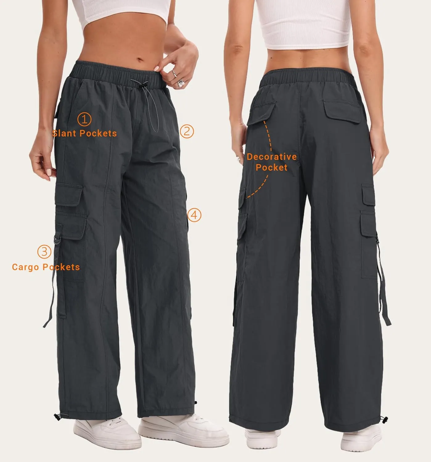 Women Quick-Dry Cargo Pants Y2K Wide Leg Baggy Pants Lightweight Hiking Pants Streetwear with Drawstring