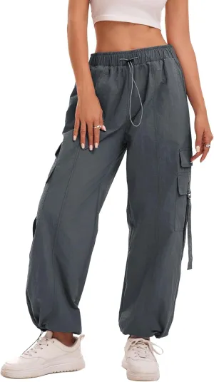 Women Quick-Dry Cargo Pants Y2K Wide Leg Baggy Pants Lightweight Hiking Pants Streetwear with Drawstring