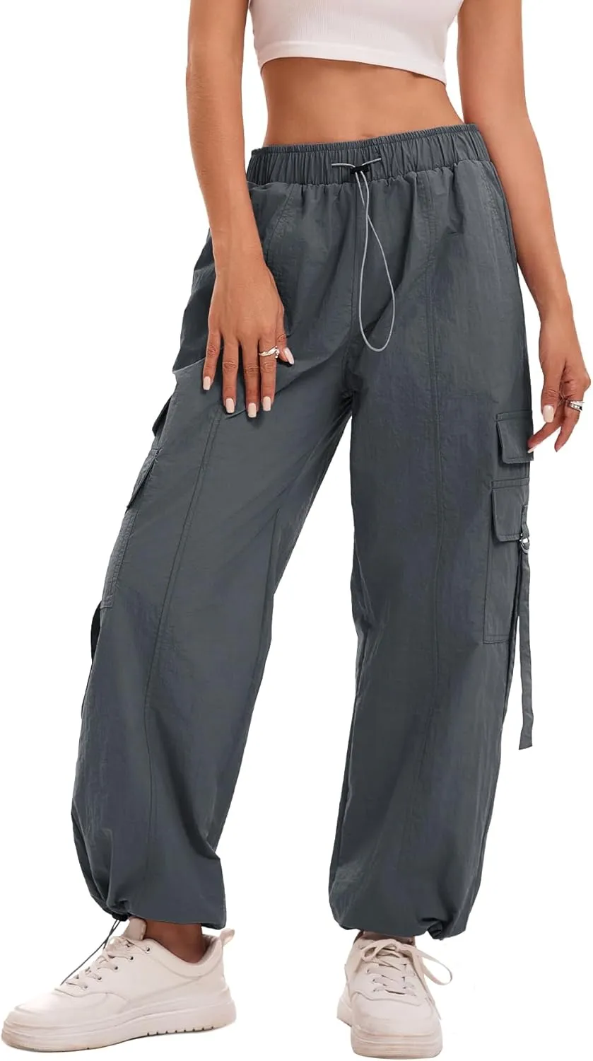 Women Quick-Dry Cargo Pants Y2K Wide Leg Baggy Pants Lightweight Hiking Pants Streetwear with Drawstring