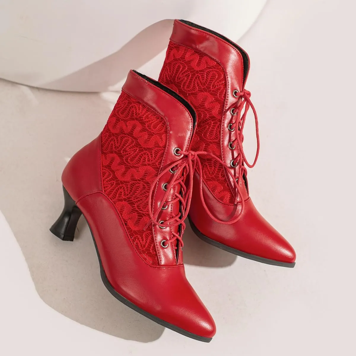 Women Vintage Victorian Boots Kitten Heel Granny Boots Lace Up Ankle Boots