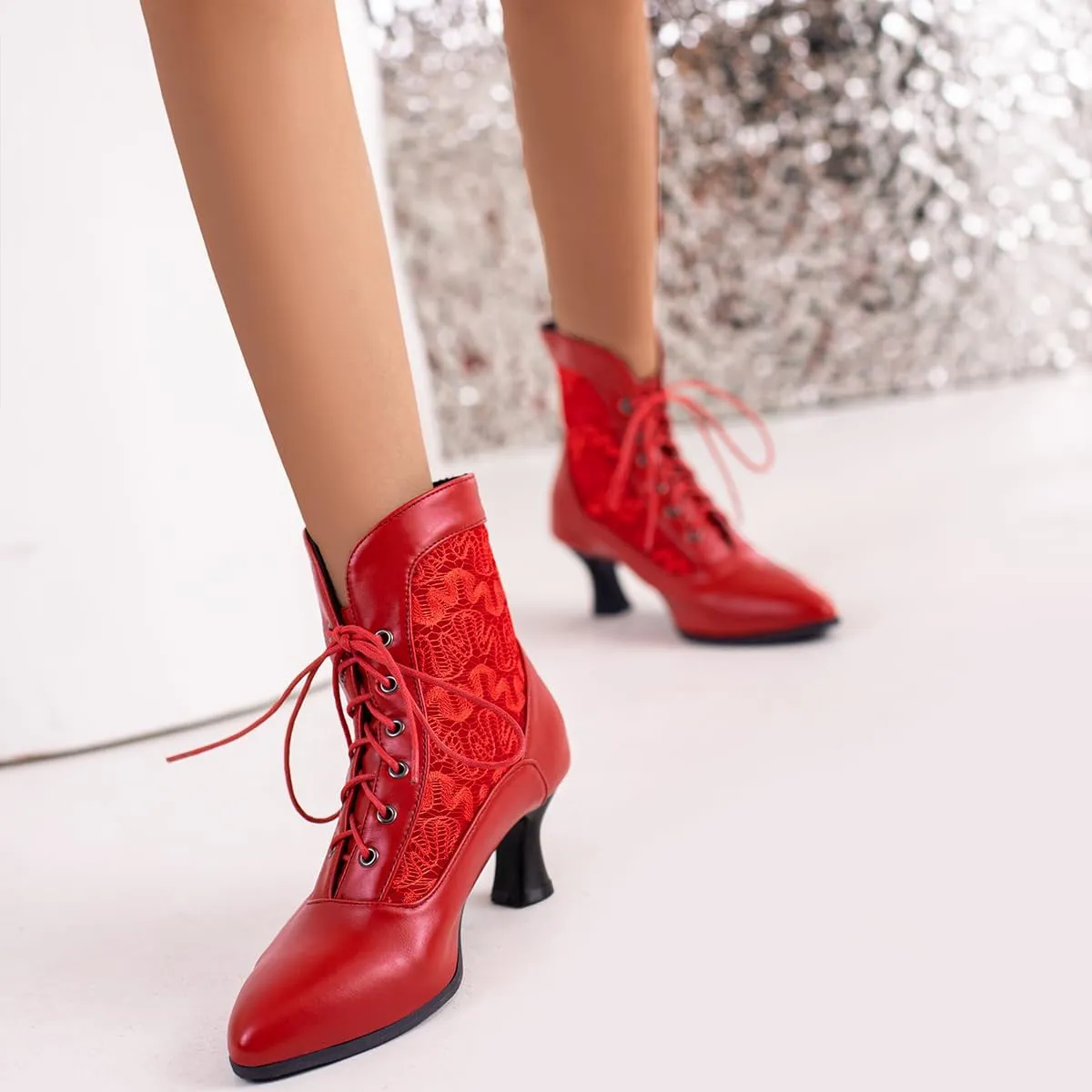 Women Vintage Victorian Boots Kitten Heel Granny Boots Lace Up Ankle Boots
