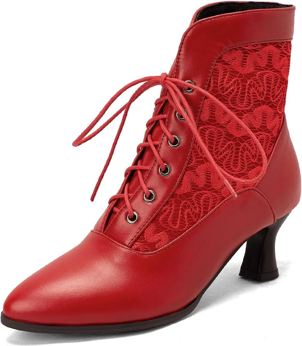 Women Vintage Victorian Boots Kitten Heel Granny Boots Lace Up Ankle Boots