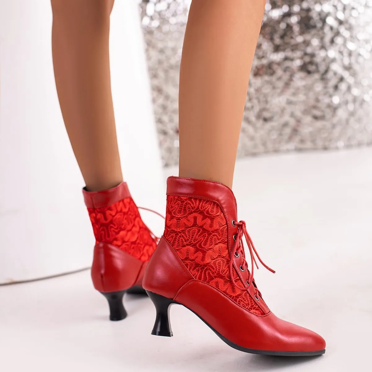 Women Vintage Victorian Boots Kitten Heel Granny Boots Lace Up Ankle Boots