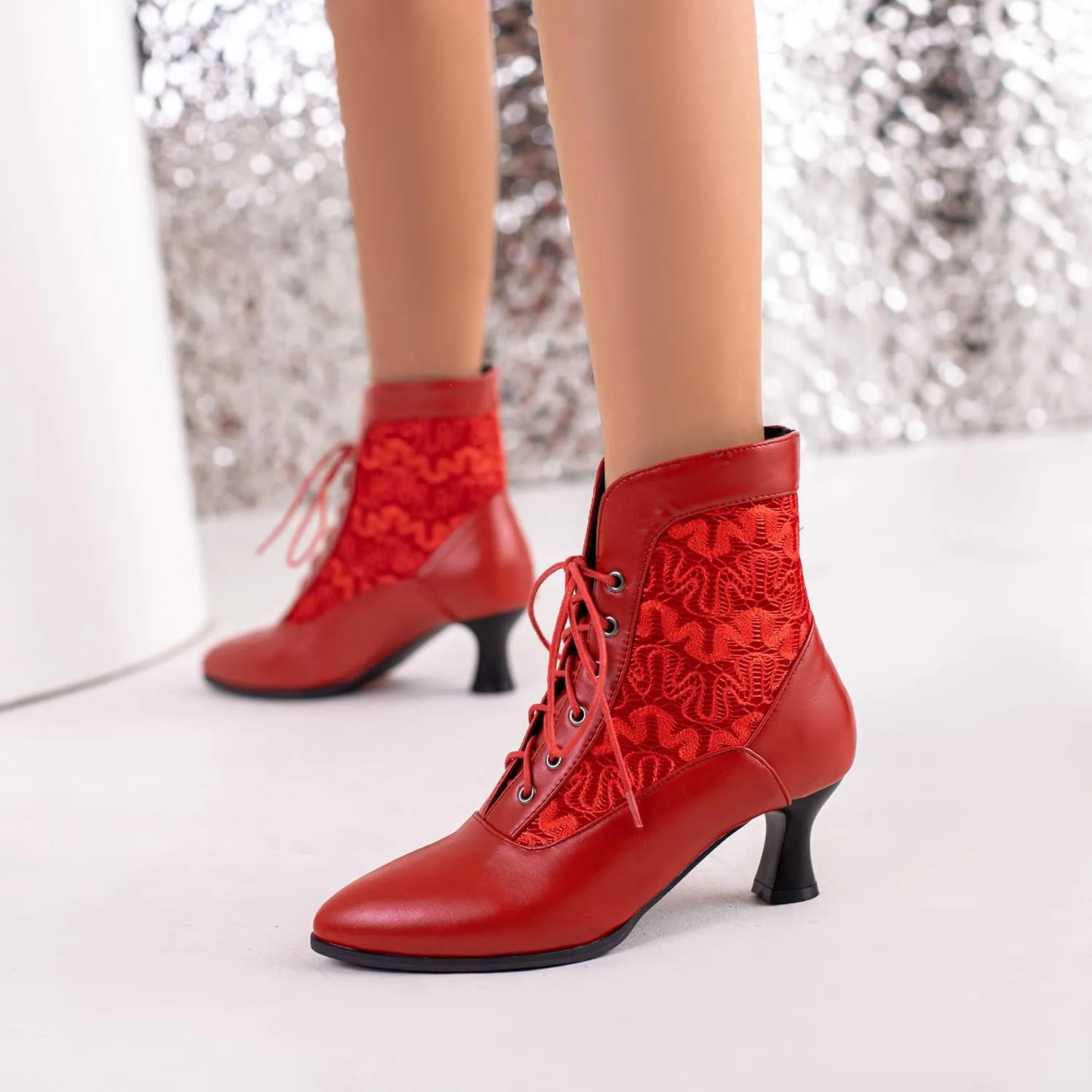Women Vintage Victorian Boots Kitten Heel Granny Boots Lace Up Ankle Boots