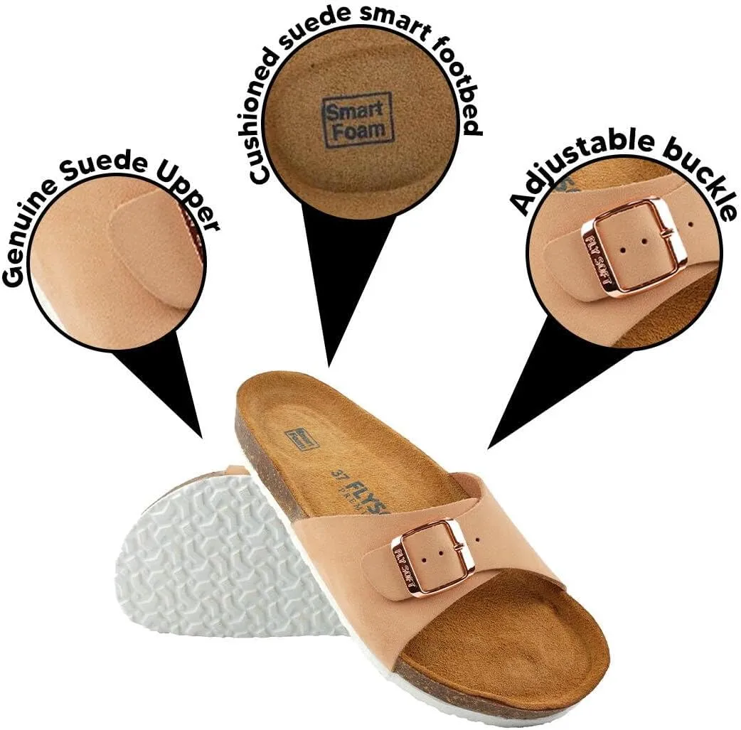 Women's 100% Genuine Leather Sandals - Comfortable Smart Foam Footbed, Slip-On Slides for Summer Wear, Adjustable Fit and Durable Non-Slip Sole