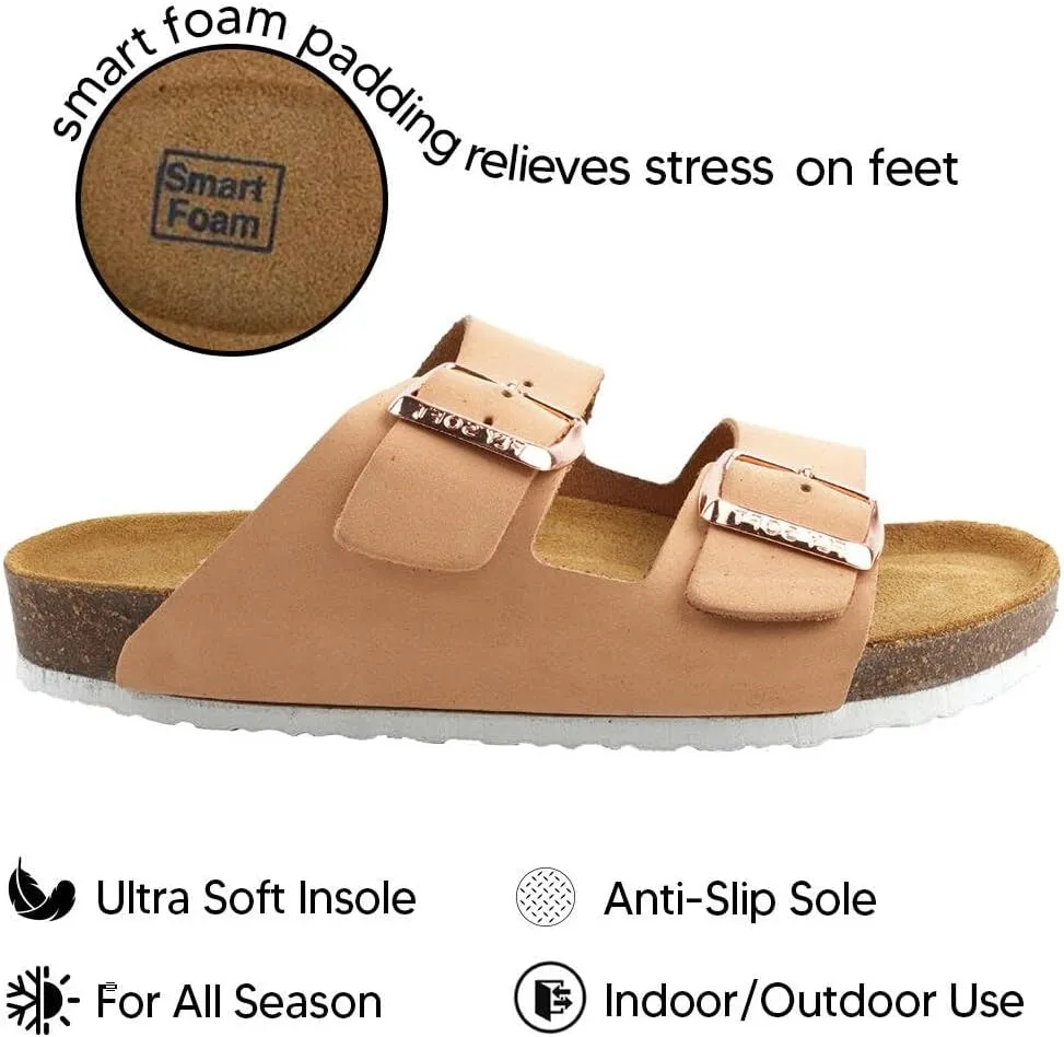 Women's 100% Genuine Leather Sandals - Comfortable Smart Foam Footbed, Slip-On Slides for Summer Wear, Adjustable Fit and Durable Non-Slip Sole