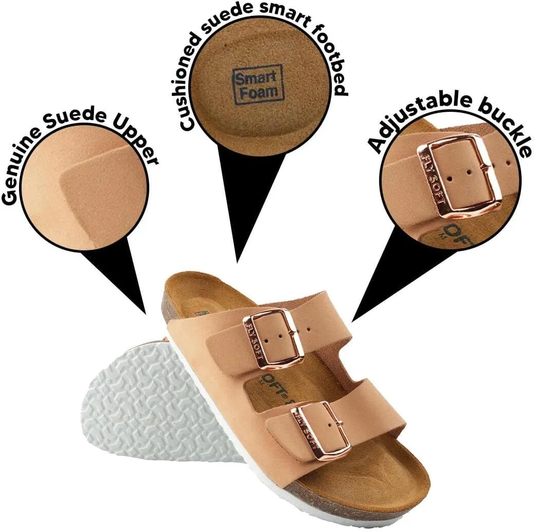 Women's 100% Genuine Leather Sandals - Comfortable Smart Foam Footbed, Slip-On Slides for Summer Wear, Adjustable Fit and Durable Non-Slip Sole