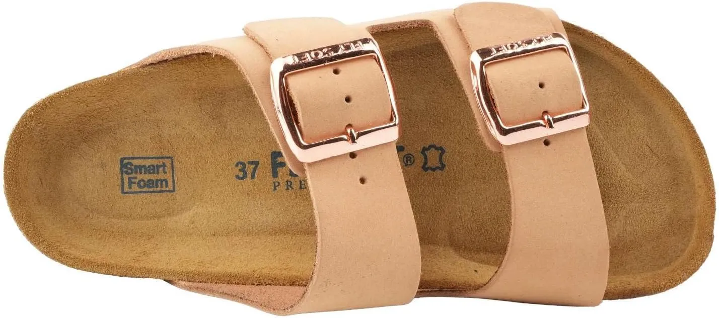 Women's 100% Genuine Leather Sandals - Comfortable Smart Foam Footbed, Slip-On Slides for Summer Wear, Adjustable Fit and Durable Non-Slip Sole