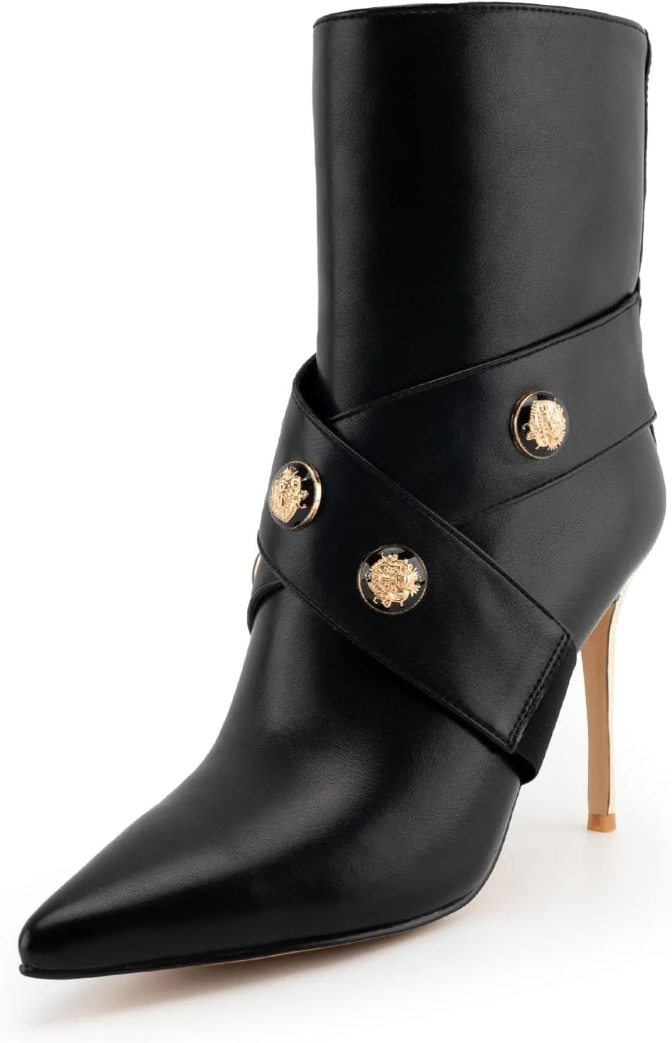 Women’s Ankle Booties Buckle Strap Pointed Toe Stiletto Sexy High Heeled Short Booties with Front Zipper Black