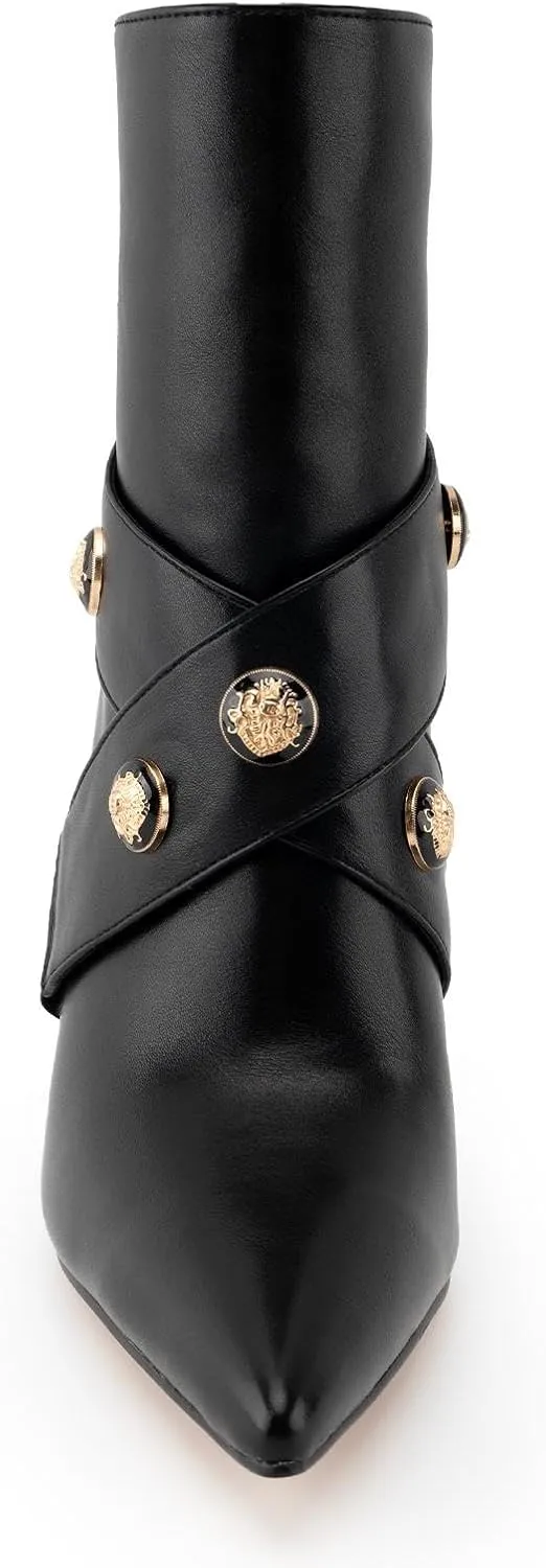 Women’s Ankle Booties Buckle Strap Pointed Toe Stiletto Sexy High Heeled Short Booties with Front Zipper Black