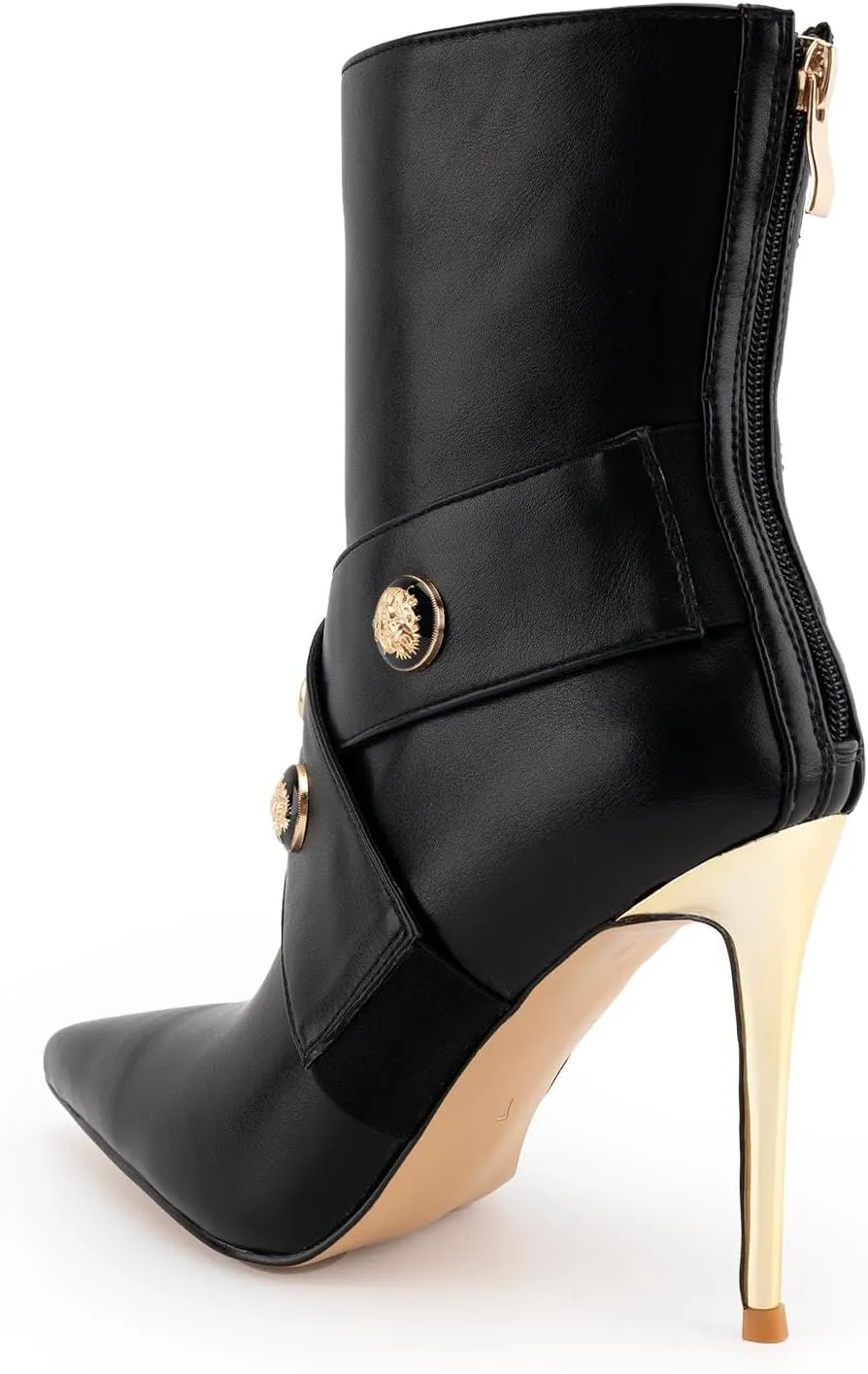 Women’s Ankle Booties Buckle Strap Pointed Toe Stiletto Sexy High Heeled Short Booties with Front Zipper Black