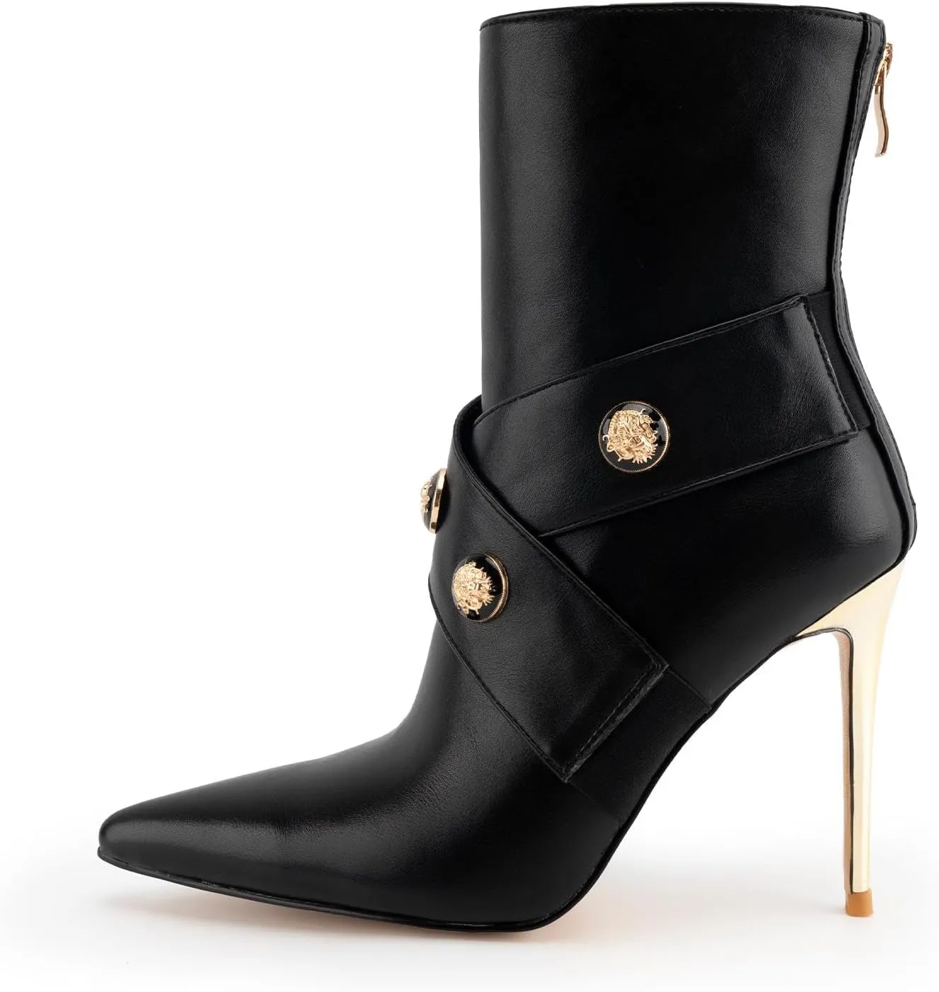 Women’s Ankle Booties Buckle Strap Pointed Toe Stiletto Sexy High Heeled Short Booties with Front Zipper Black